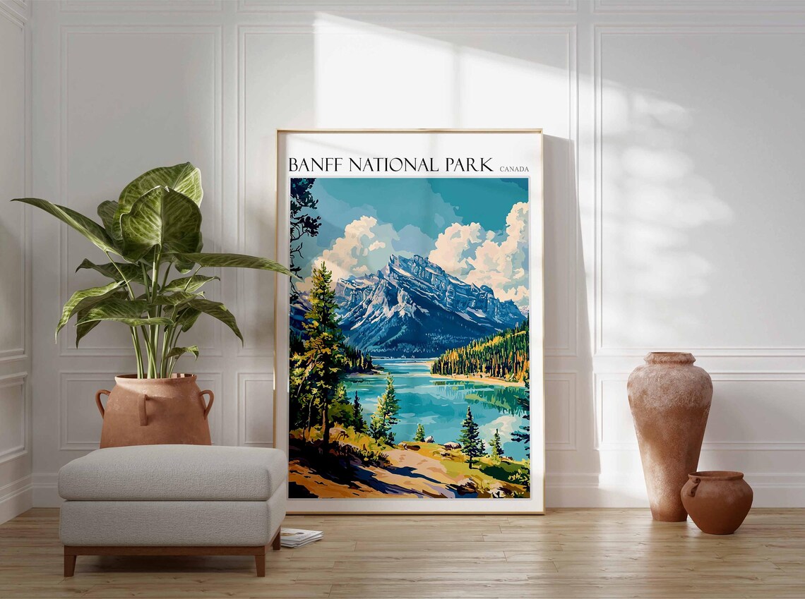 Banff National Park Canada Turquoise Lake and Rocky Peak Travel Poster - Image 2