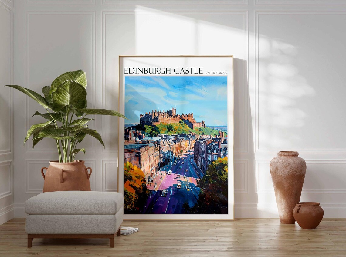 Edinburgh Castle United Kingdom Blue Sky Autumn Street Painting Poster - Image 2