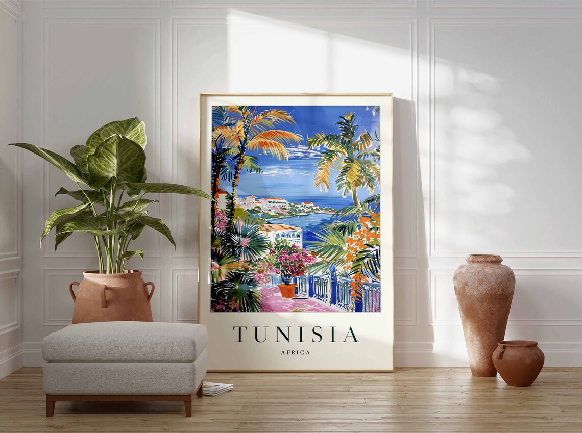 Tunisia Palm Terrace Overlooking Sea Town Africa Travel Poster - Image 3