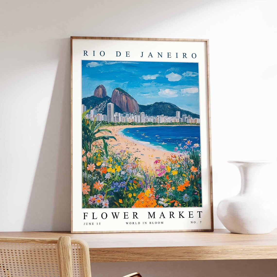Rio de Janeiro Ipanema Beach Twin Peaks Wildflowers Travel Poster