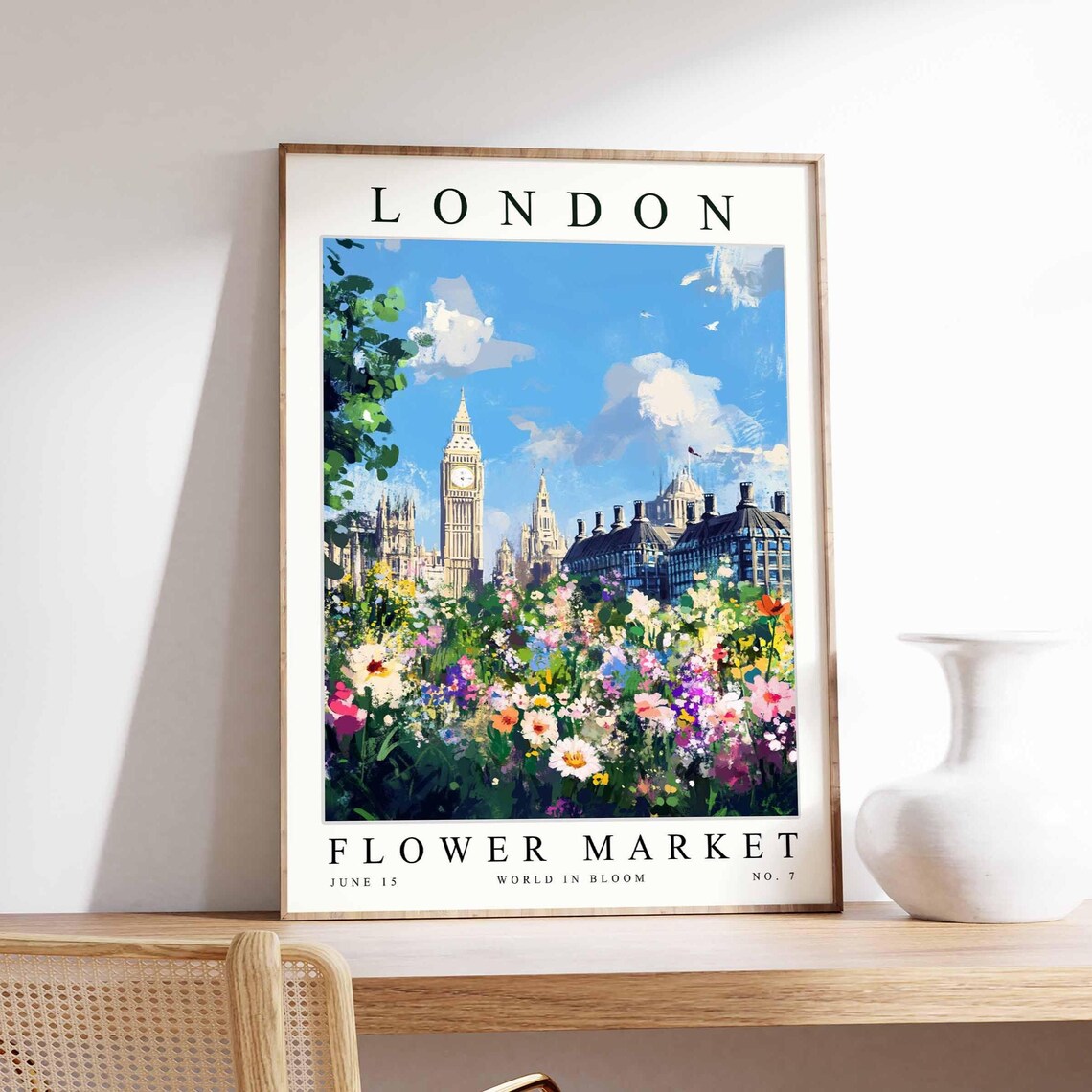 London Big Ben Flower Market Wildflower Meadow Bright Art Poster