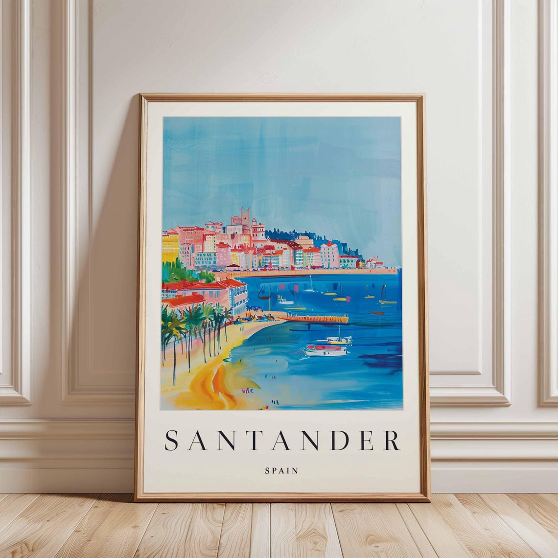Santander Spain Palm Lined Beach and Blue Bay View Art Poster - Image 3