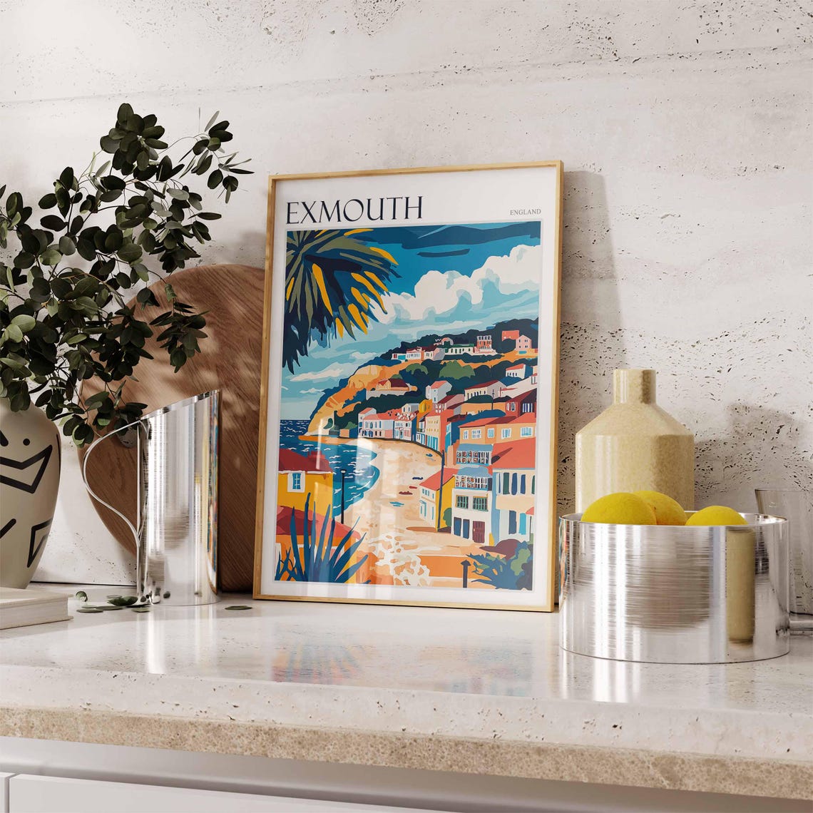 Exmouth England Palm Beach Colorful Seafront Flat Art Poster - Image 2