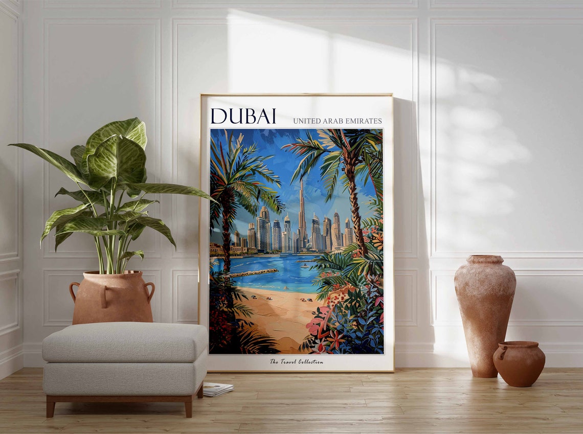 Dubai UAE Beach Skyline with Palms Painted City Travel Poster - Image 2
