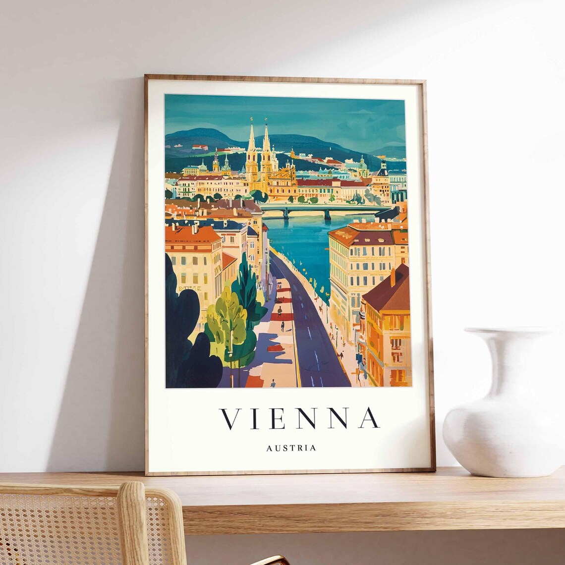 Vienna Austria River Panorama Twin Spired Church Illustrated Poster