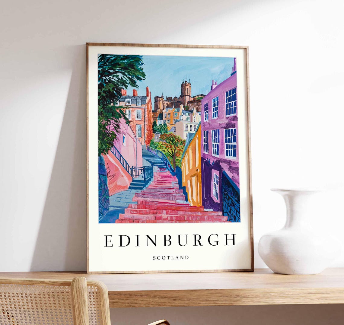 Edinburgh Scotland Pink Stone Steps Old Town View Travel Poster