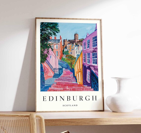 Edinburgh Scotland Pink Stone Steps Old Town View Travel Poster