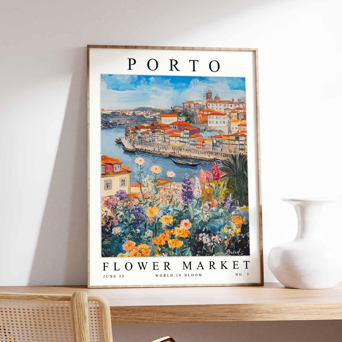 Porto Ribeira Waterfront Boat Mixed Flower Garden Floral Poster
