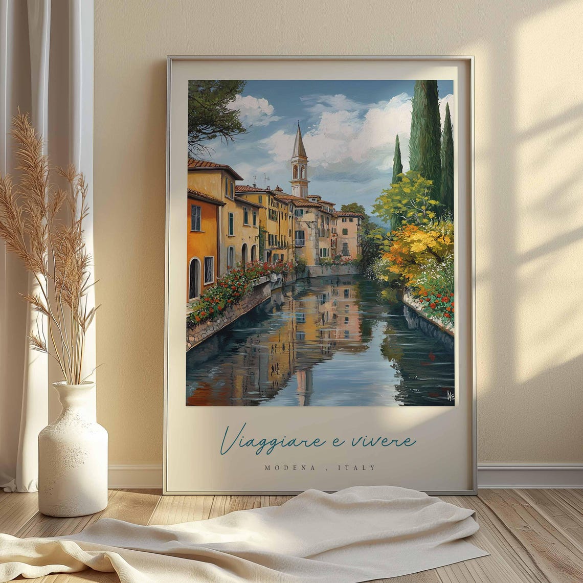 Modena Canal Reflections Church Spire Painterly Italy Travel Poster - Image 2