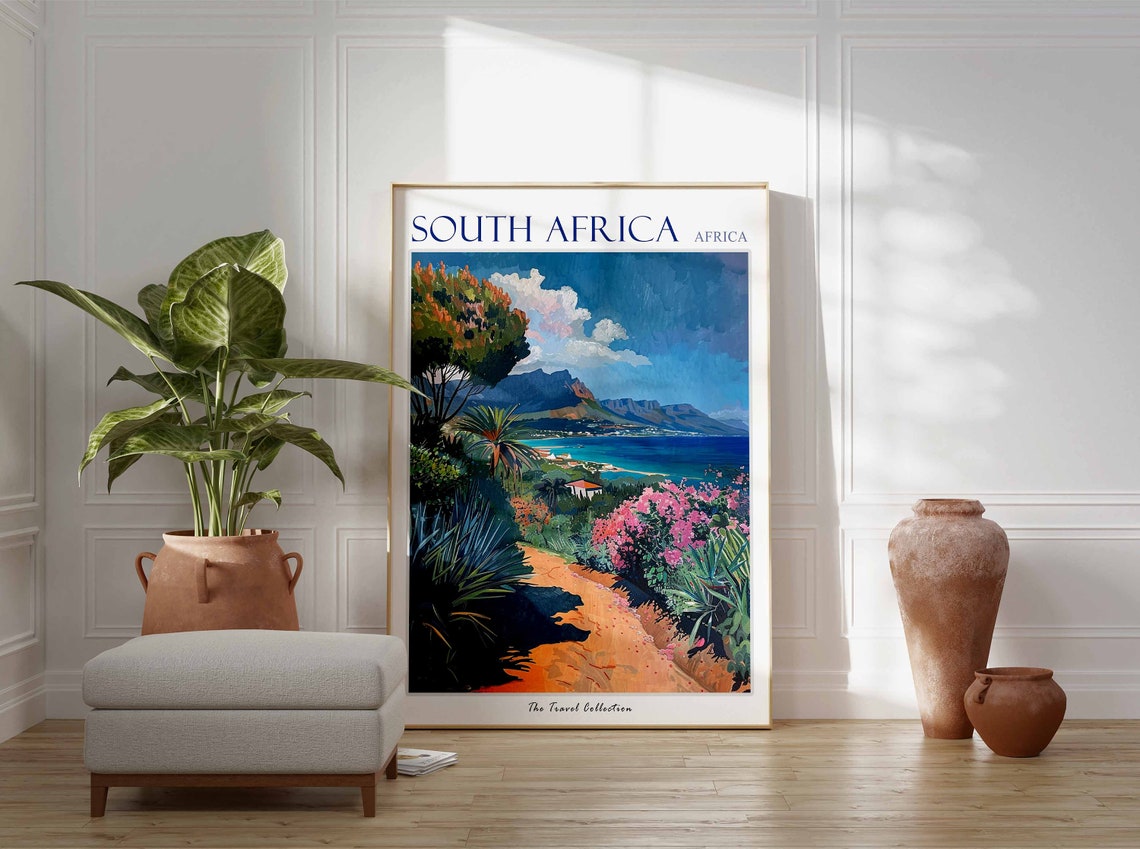 South Africa Coastal Bay Mountain View Pink Blossom Path Poster - Image 2