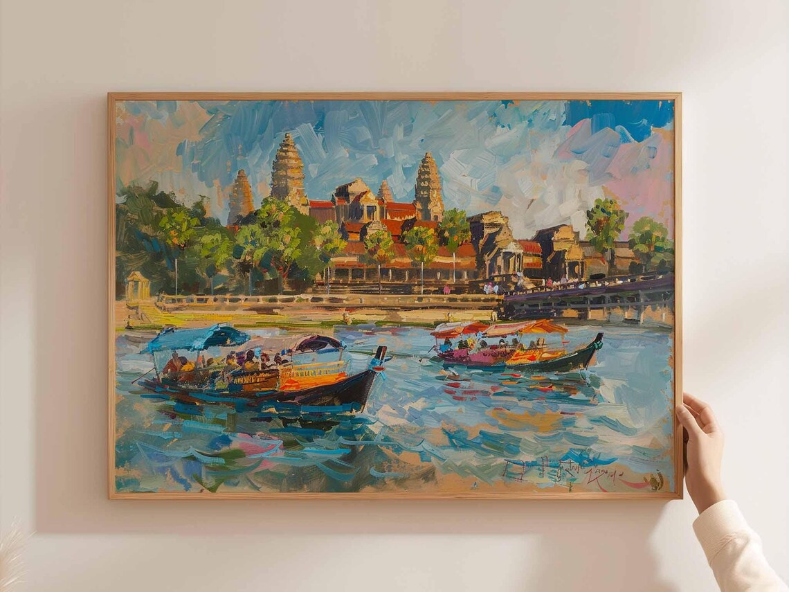 Angkor Wat Temple Boats Impressionist Painting Cambodia Travel Poster