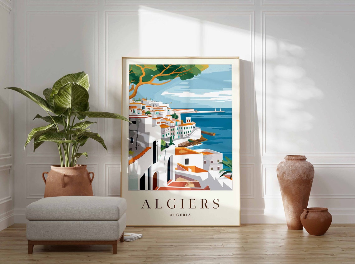 Algiers Algeria Whitewashed Cliffside Town Over Blue Sea Travel Poster - Image 3