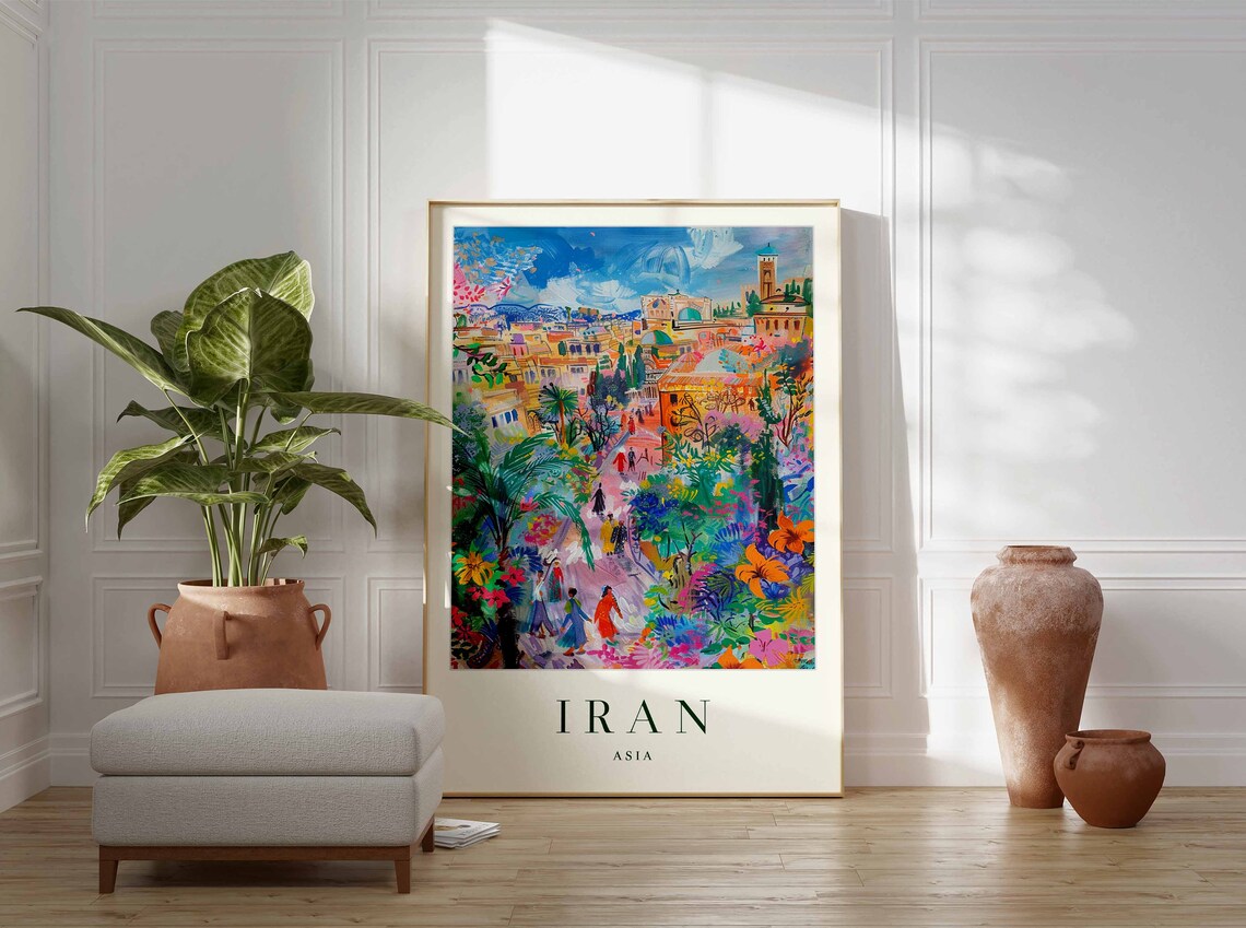 Iran Colorful Impressionist Cityscape Tower Garden Painting Poster - Image 3