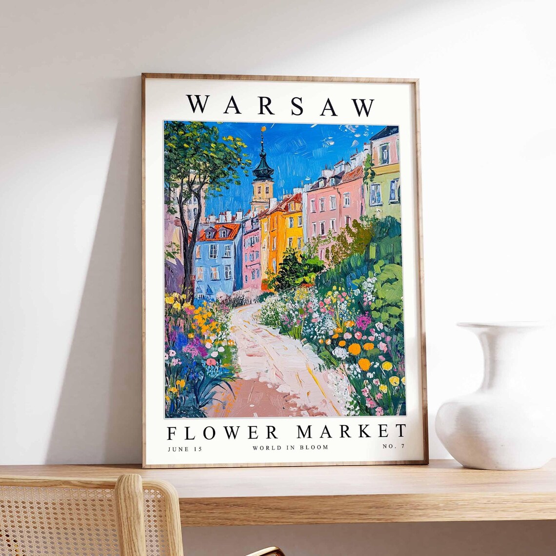 Warsaw Flower Market Blooming Street Pink Path Church Spire Poster