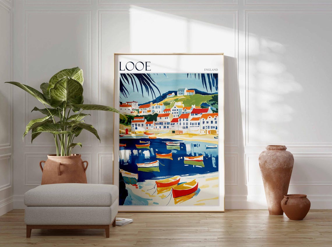 Looe England Moored Boats Red Roofed White Houses Harbor Poster - Image 3
