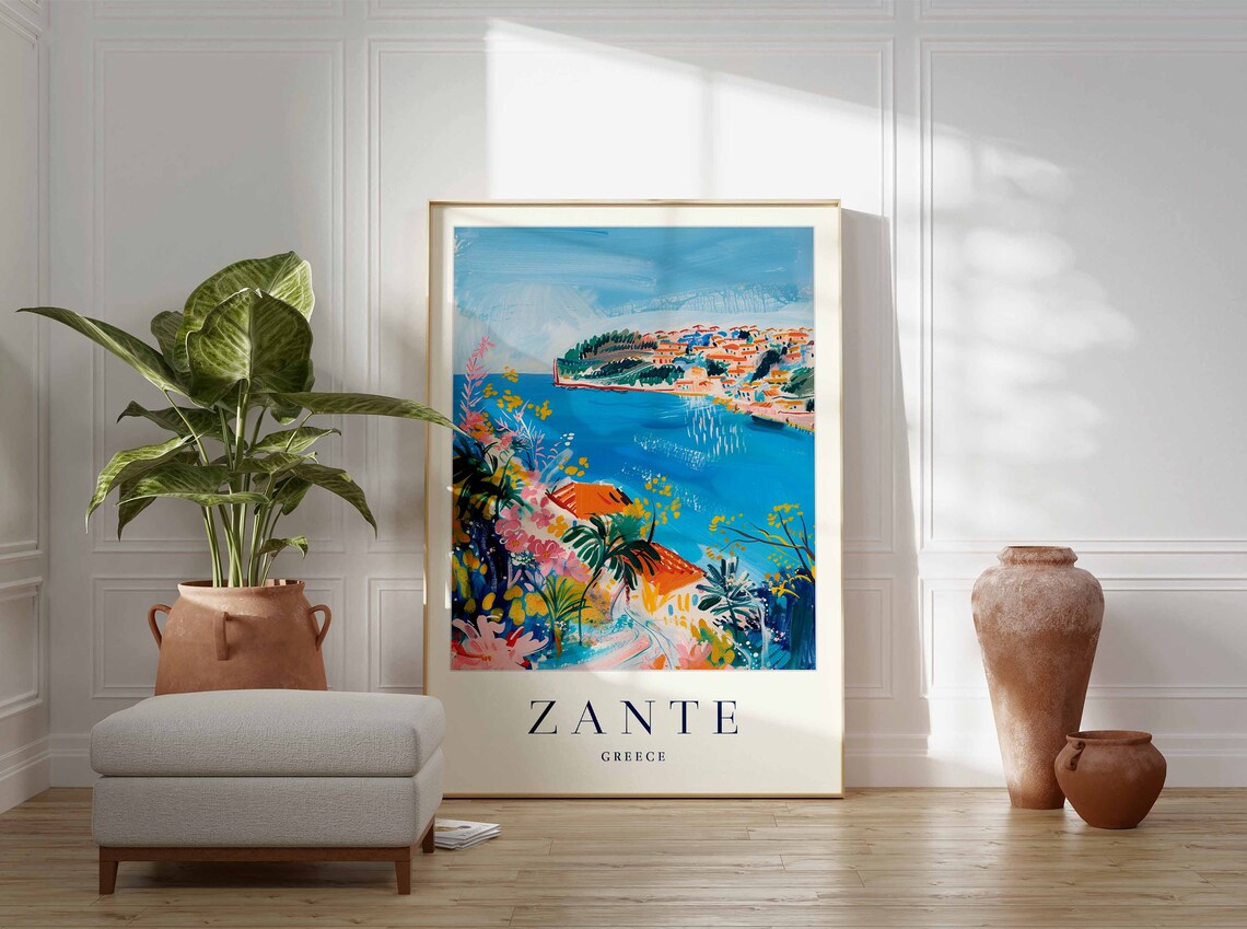 Zante Greece Coastal Town Flowers Colorful Painting Travel Poster - Image 2