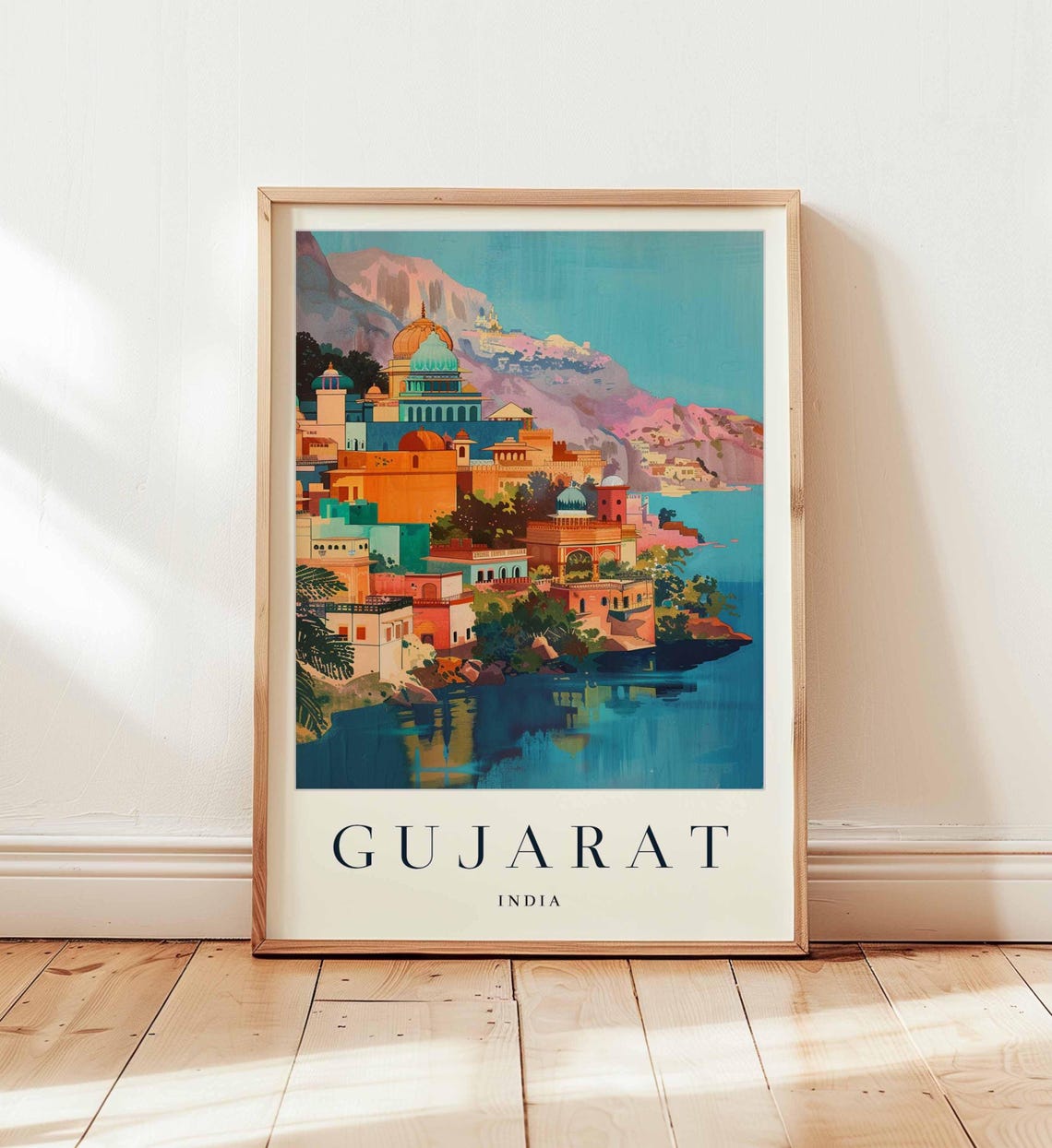 Gujarat India Lakeside Palace Domes Scenic Mountain View Poster