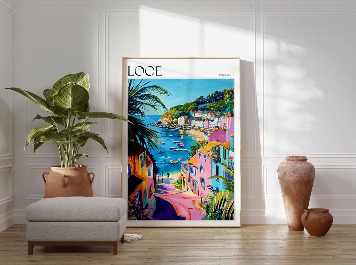Looe England Steep Lane Palm Tree Pink Buildings Harbor View Poster - Image 3