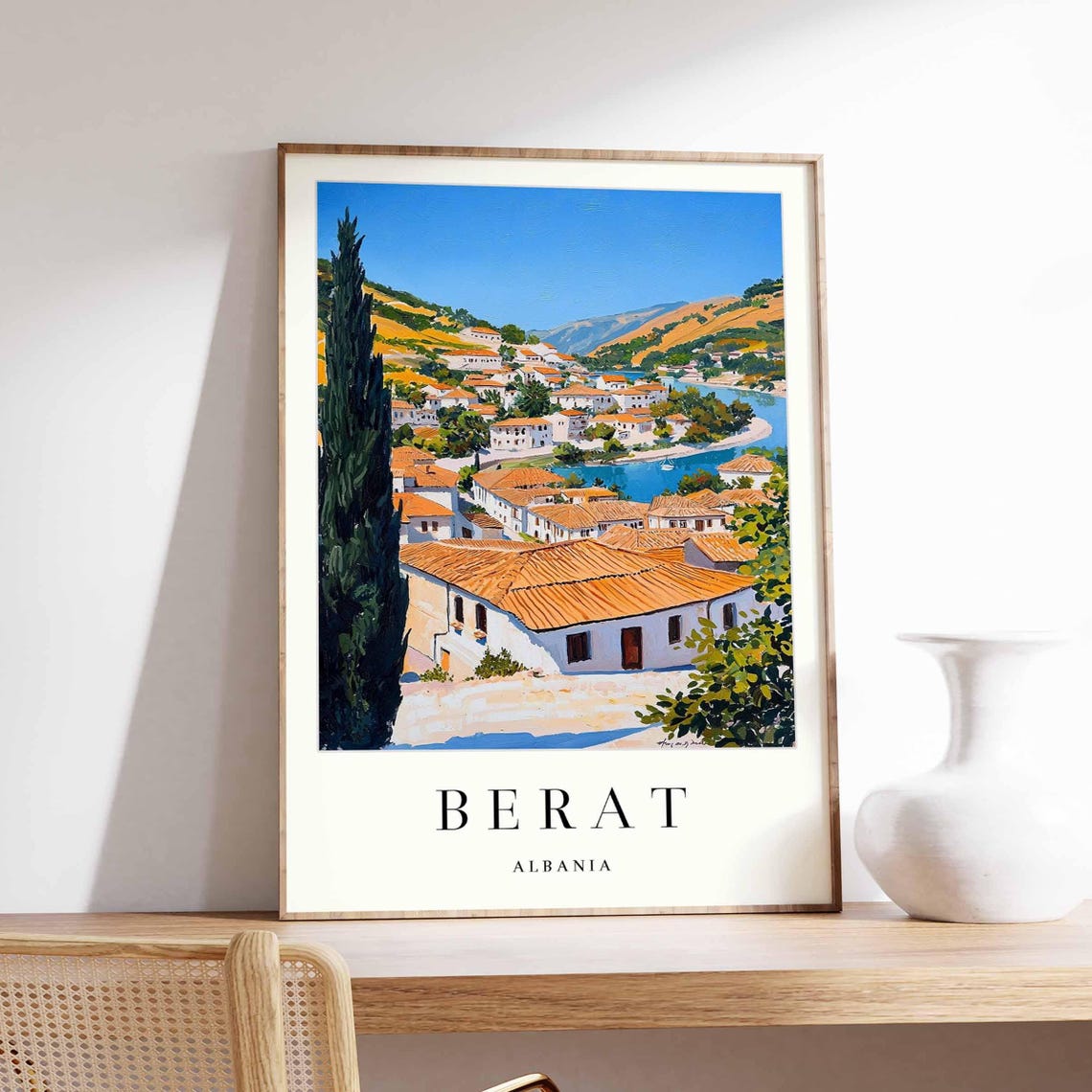 Berat Albania Cypress Tree White Houses Cityscape Travel Poster