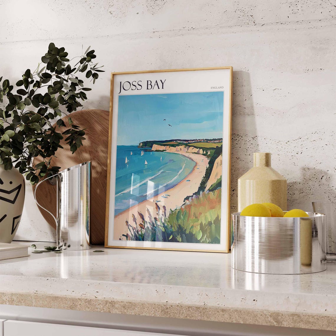 Joss Bay England Curved Sandy Bay Cliffs Sailing Scene Poster - Image 2