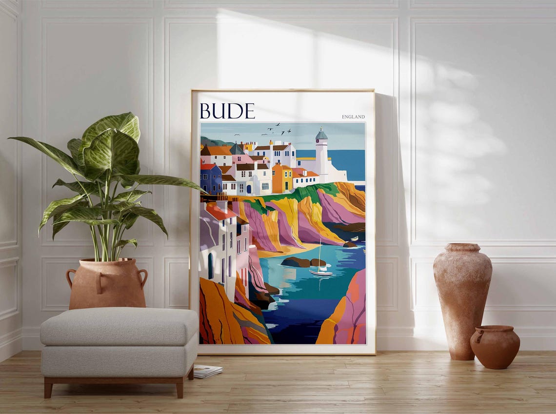 Bude Cornwall England Cliffside Town and White Lighthouse View Poster - Image 3