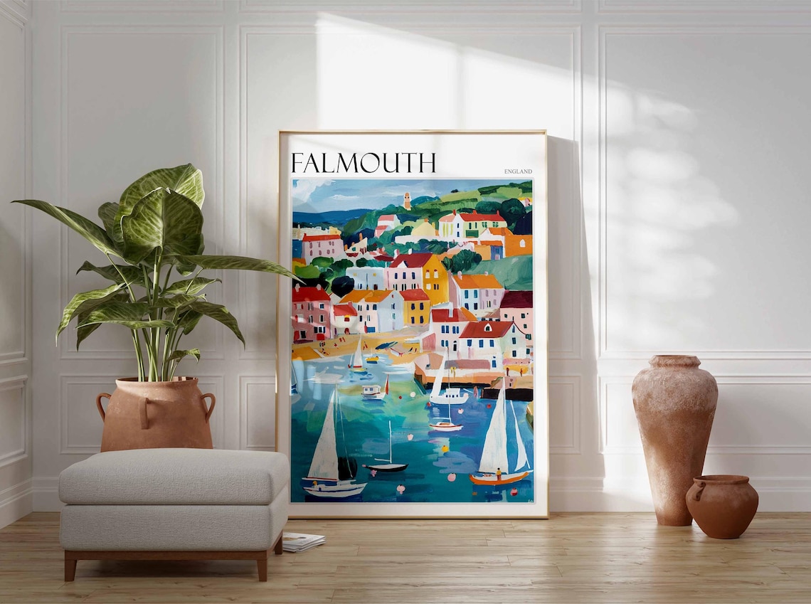 Falmouth England Sailboat Harbor Hillside Pastel Houses Painting Poster - Image 3
