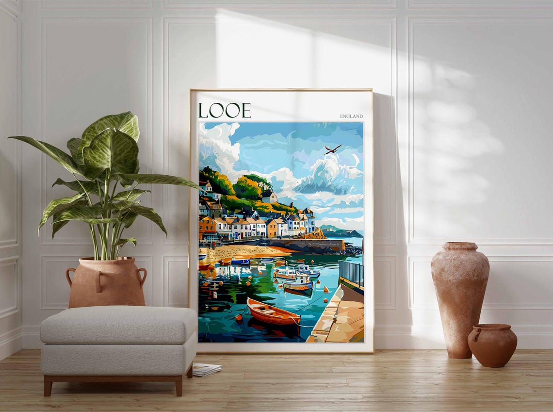 Looe England Harbor Rowboats Breakwater Seagull Cottage Hills Poster - Image 3