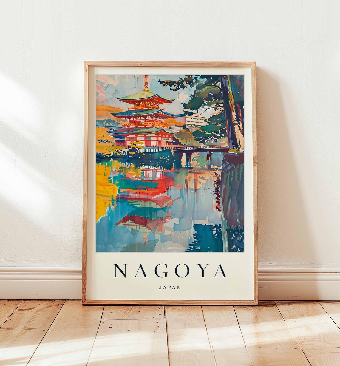 Nagoya Japan Watercolor Pagoda Poster Reflected in Calm Lake Waters