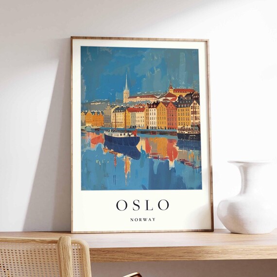 Oslo Norway Evening Harbor Reflections Impressionist Art Poster