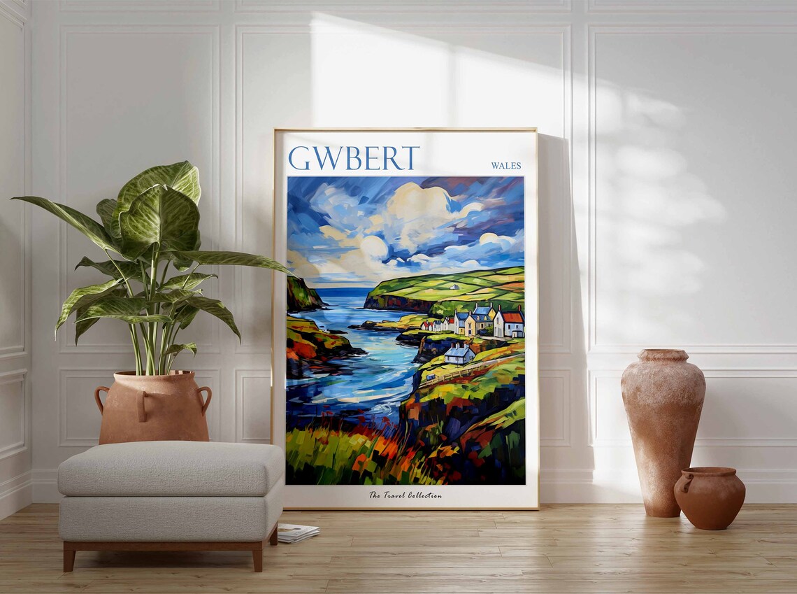 Gwbert Wales Dramatic Coastal Cliffs Cottages Scene Travel Poster - Image 3