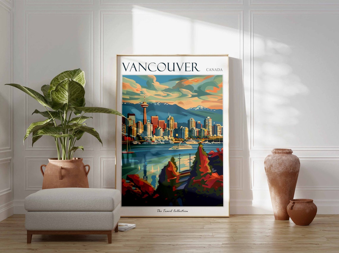 Vancouver Canada Painted Skyline Harbor Mountains Autumn Trees Poster - Image 3