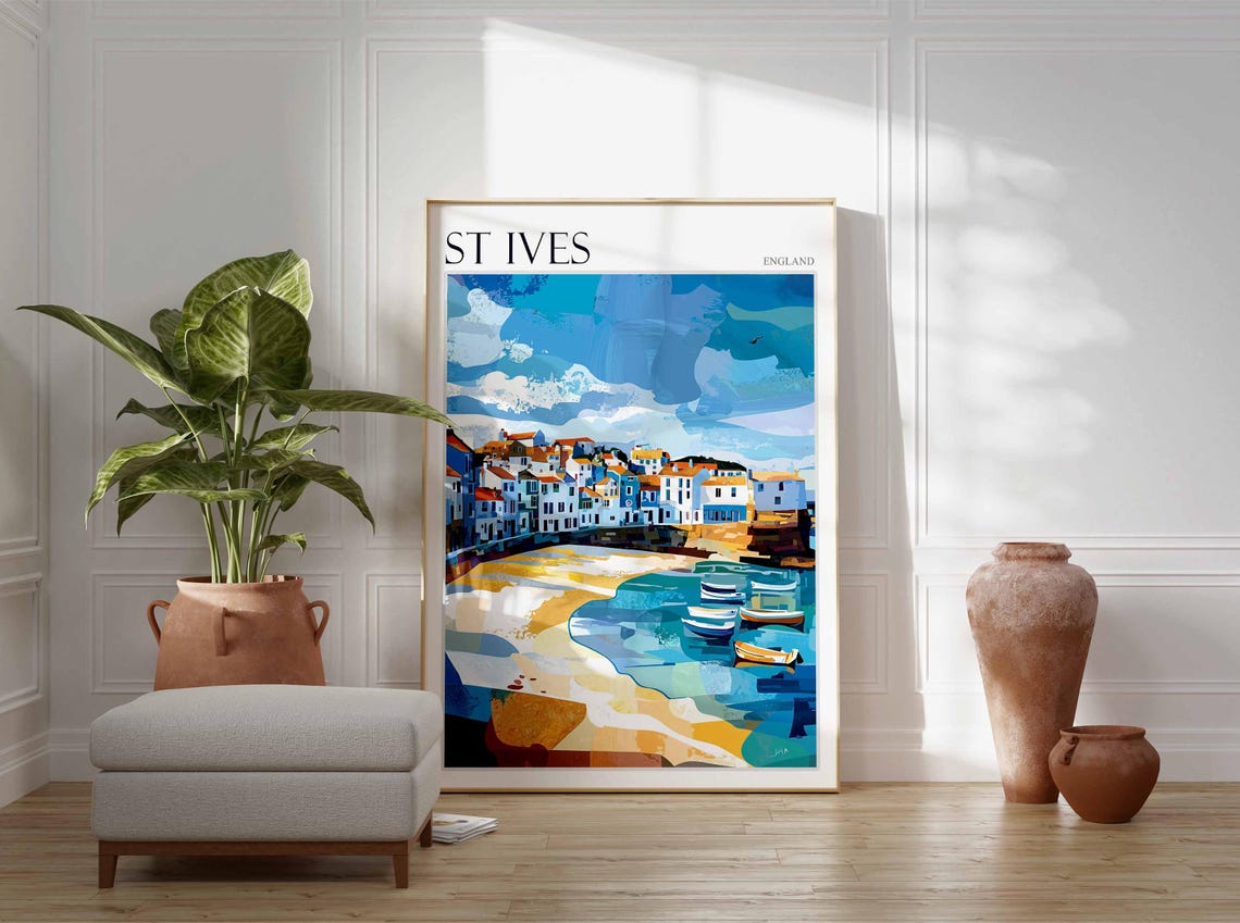 St Ives England Colorful Geometric Harbor Coastal Scene Art Poster - Image 2