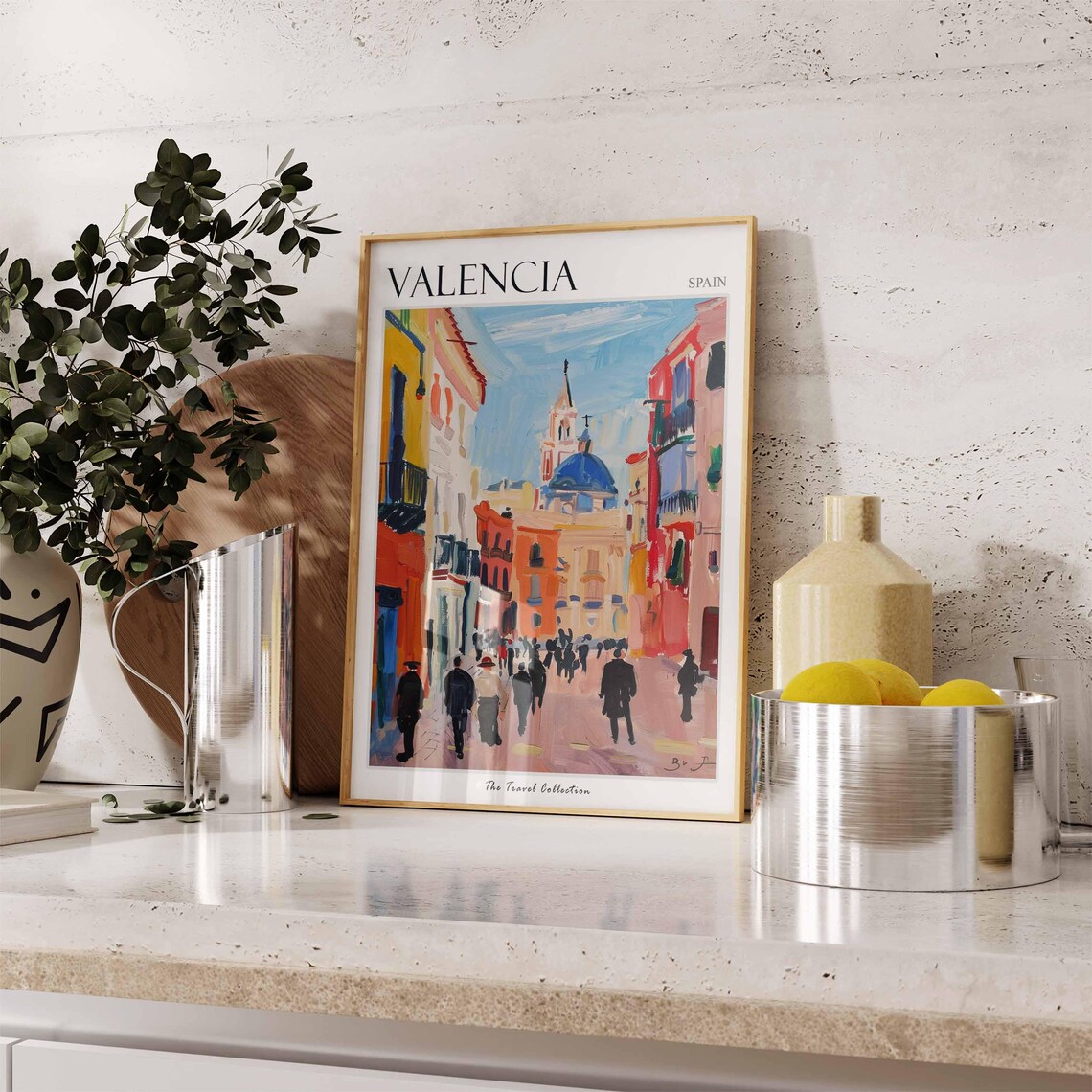 Valencia Spain Crowded Old Street Church Dome Bold Painting Poster - Image 3