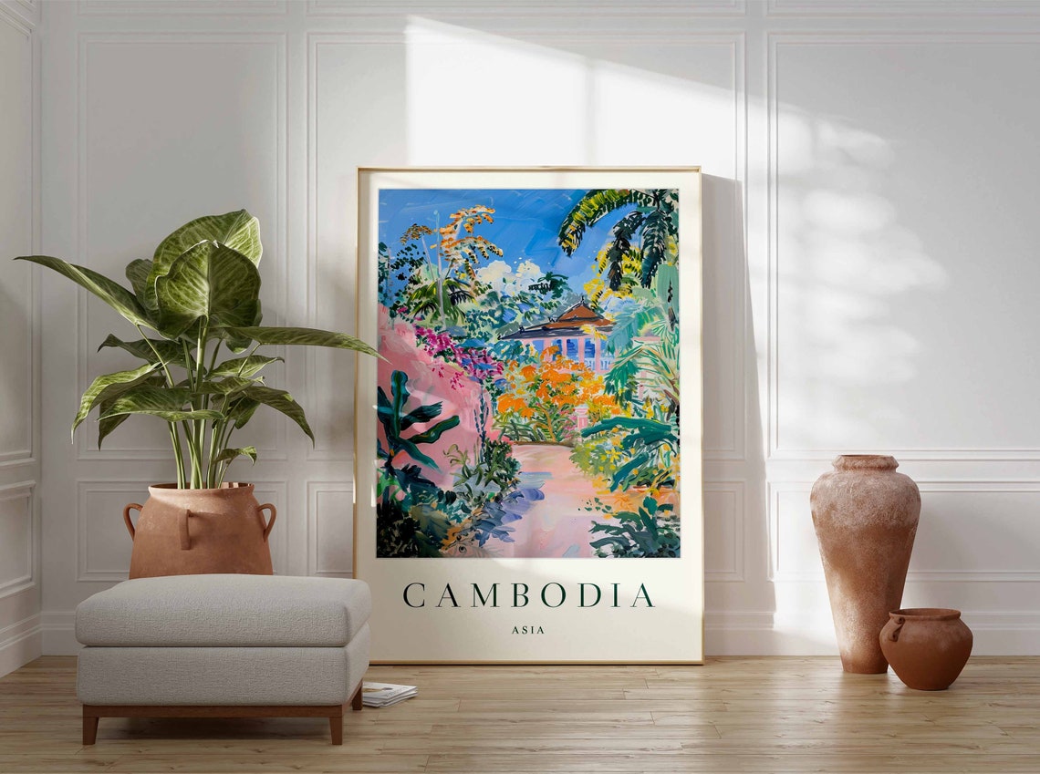Cambodia Asia Tropical Garden Temple Path Painted Travel Poster - Image 3