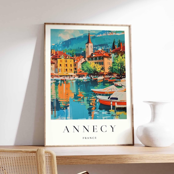 Annecy France Vibrant Colorful Harbor Boats Lakeside Travel Poster