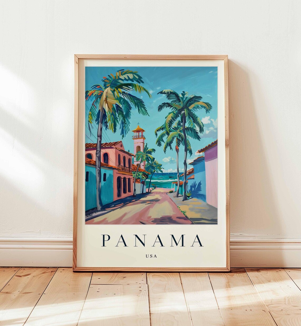 Panama USA Old Town Street Church Tower Palms Ocean Travel Poster
