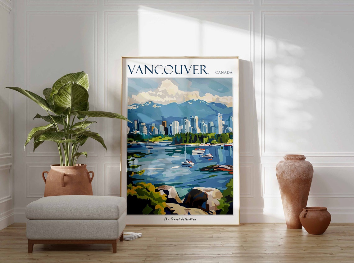 Vancouver Canada Harbor Boats Travel Poster Mountain City Artwork - Image 3