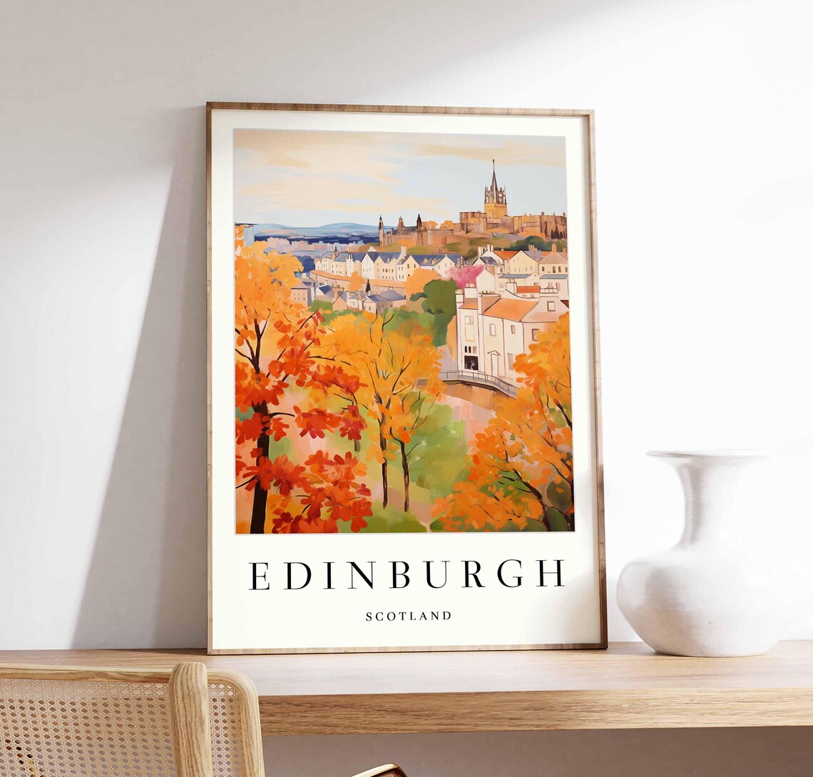 Edinburgh Autumn Orange Trees City Castle Panorama Travel Poster