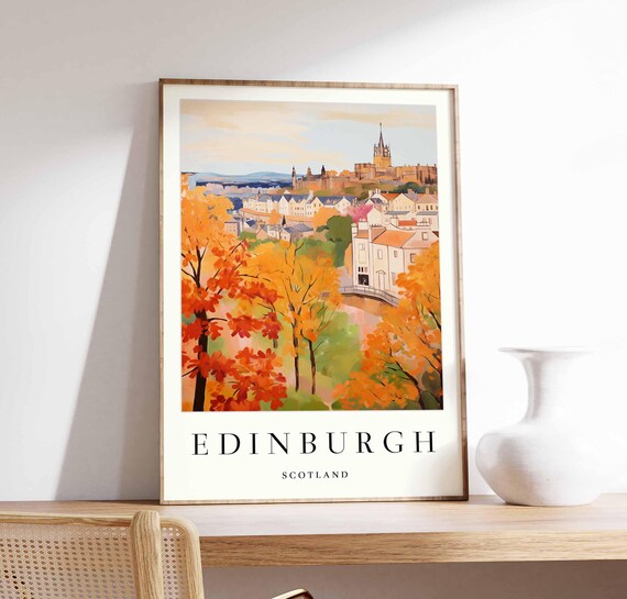 Edinburgh Autumn Orange Trees City Castle Panorama Travel Poster