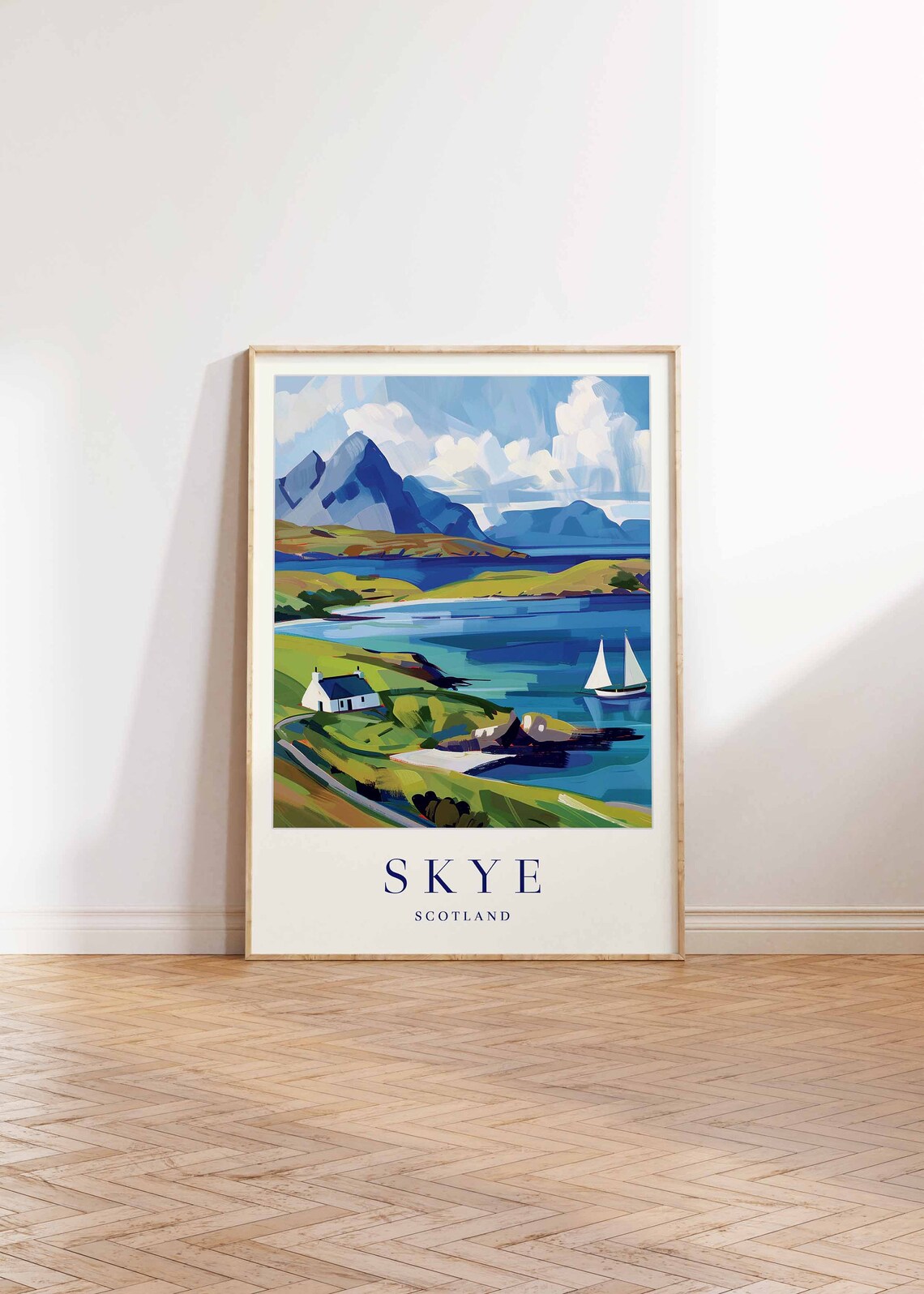 Skye Scotland Travel Poster Mountain Loch Sailboat Cottage Coastal Art - Image 2