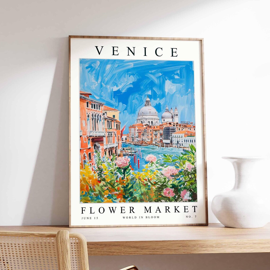Venice Flower Market Poster of Twin Domes Under a Swirling Blue Sky
