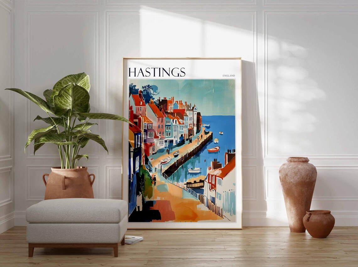 Hastings England Harbour Boats Colourful Red Roof Streets Poster - Image 3