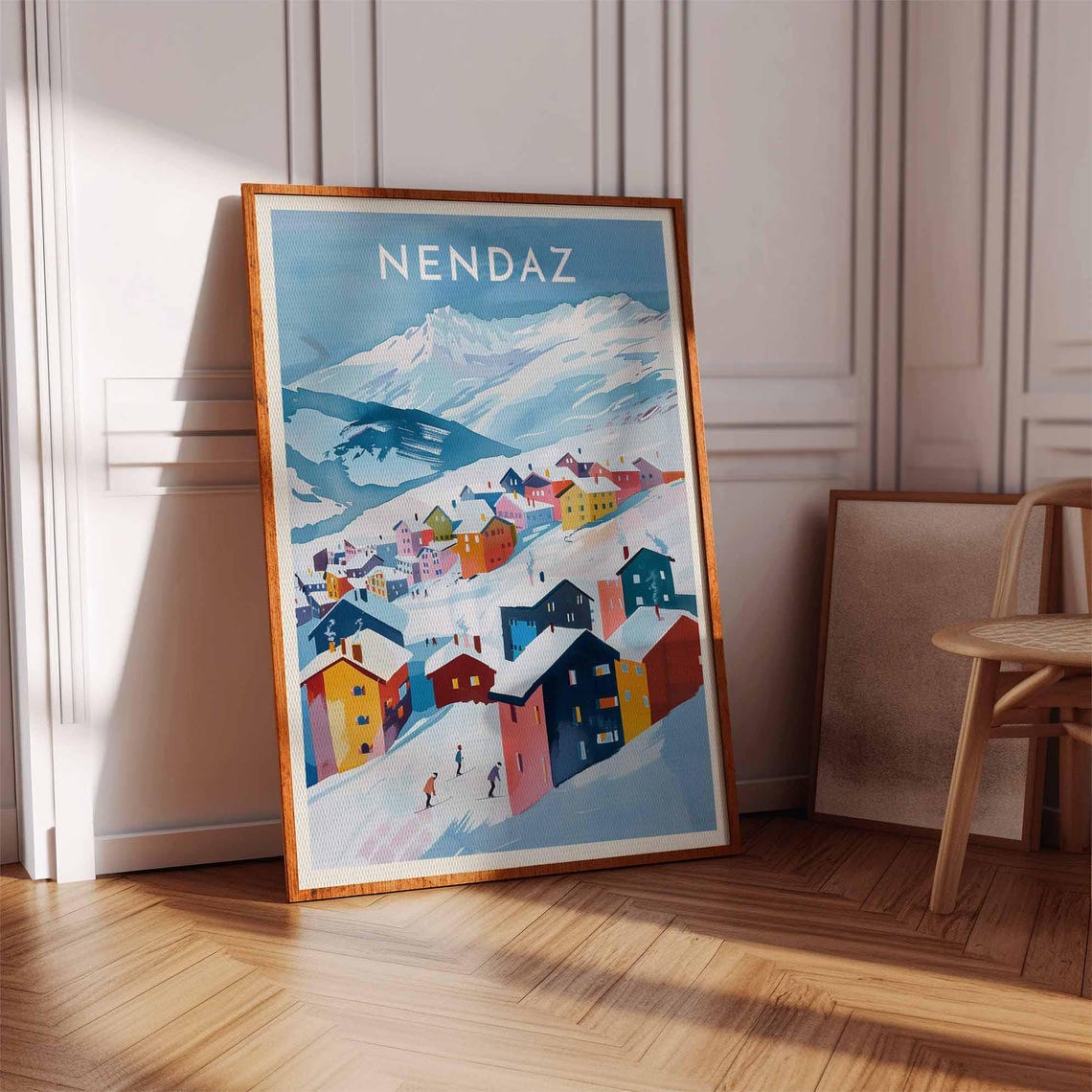 Nendaz Switzerland Bold Geometric Chalets Skiers Snow Peak Art Poster - Image 3