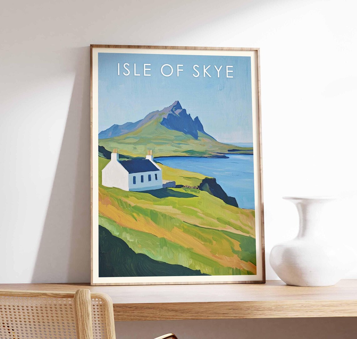 Isle Of Skye Scottish Highlands White Cottage Peak Coastal Scene Poster