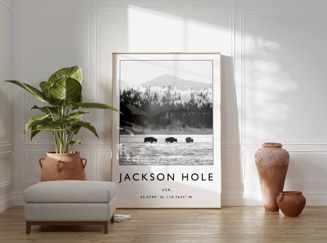 Jackson Hole USA Bison Winter Snowfield Black and White Photo Poster - Image 2
