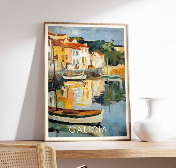 Galicia Spain Harbor Boats Colorful Waterfront Scene Art Poster