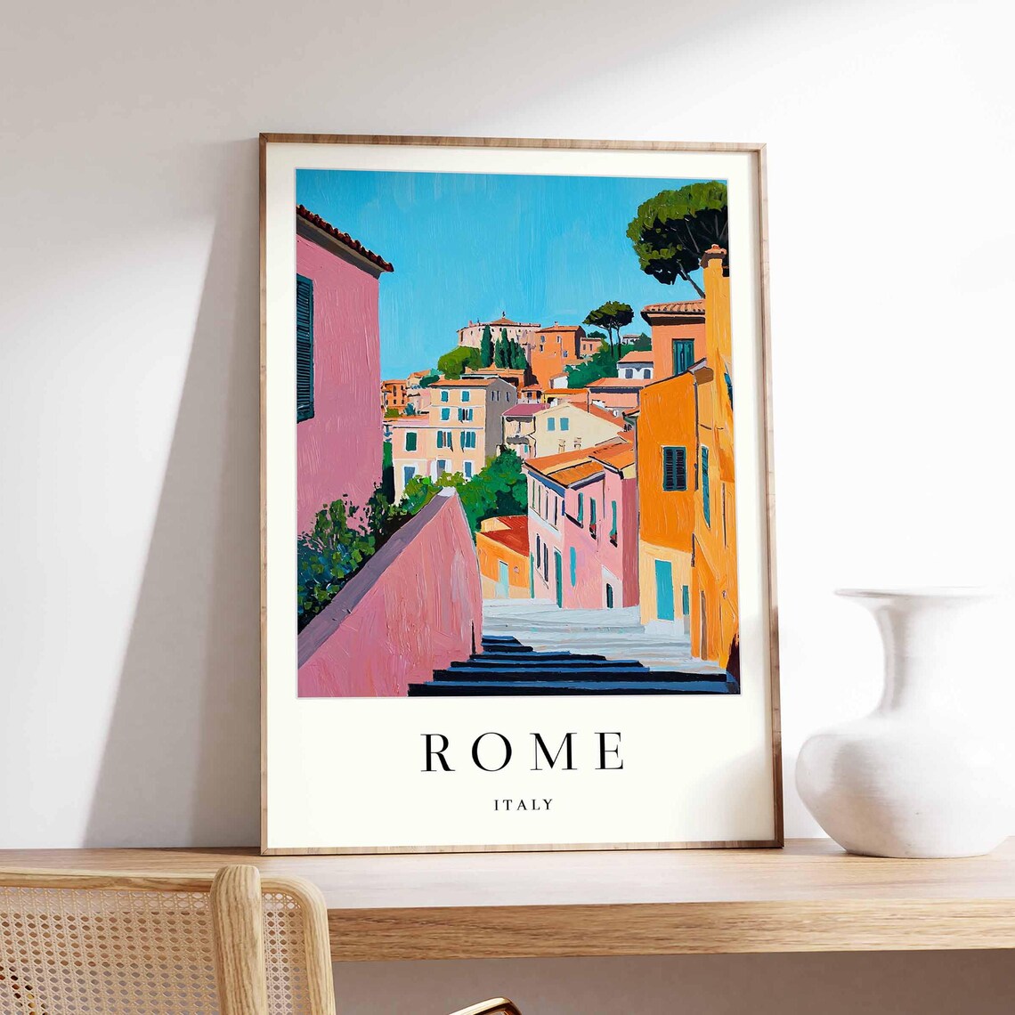 Rome Italy Colorful Old Town Street Staircase Daytime Travel Poster