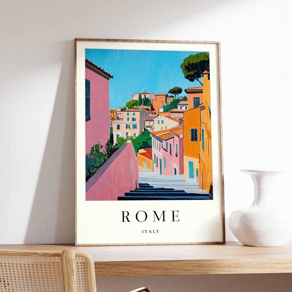Rome Italy Colorful Old Town Street Staircase Daytime Travel Poster