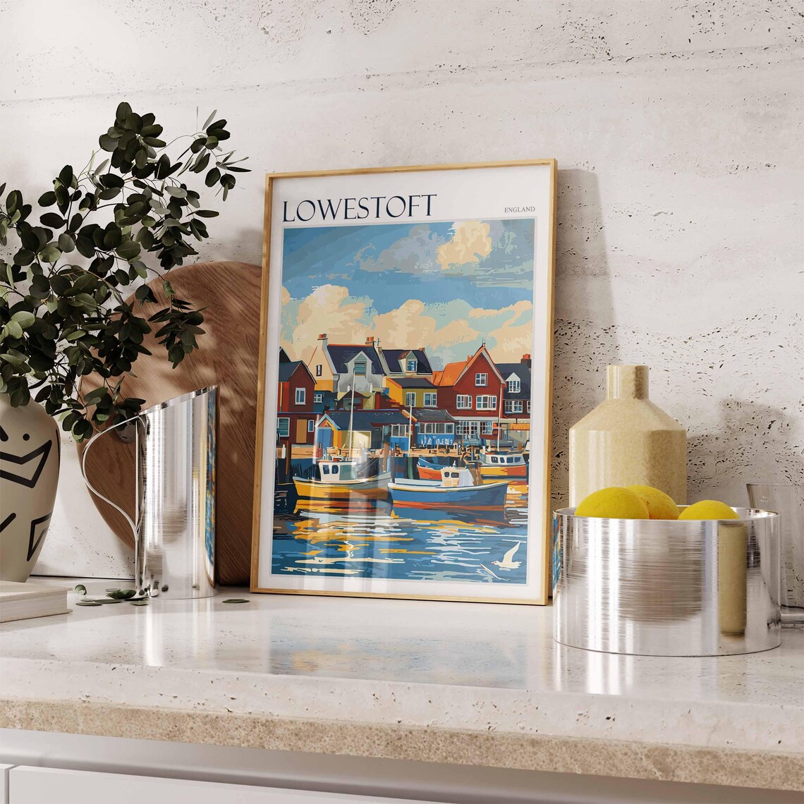 Lowestoft England Golden Hour Fishing Boats Harbor Houses Poster - Image 2
