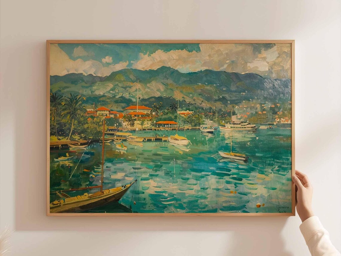 Cebu Philippines Harbor Sailboats Mountains Oil Painting Poster